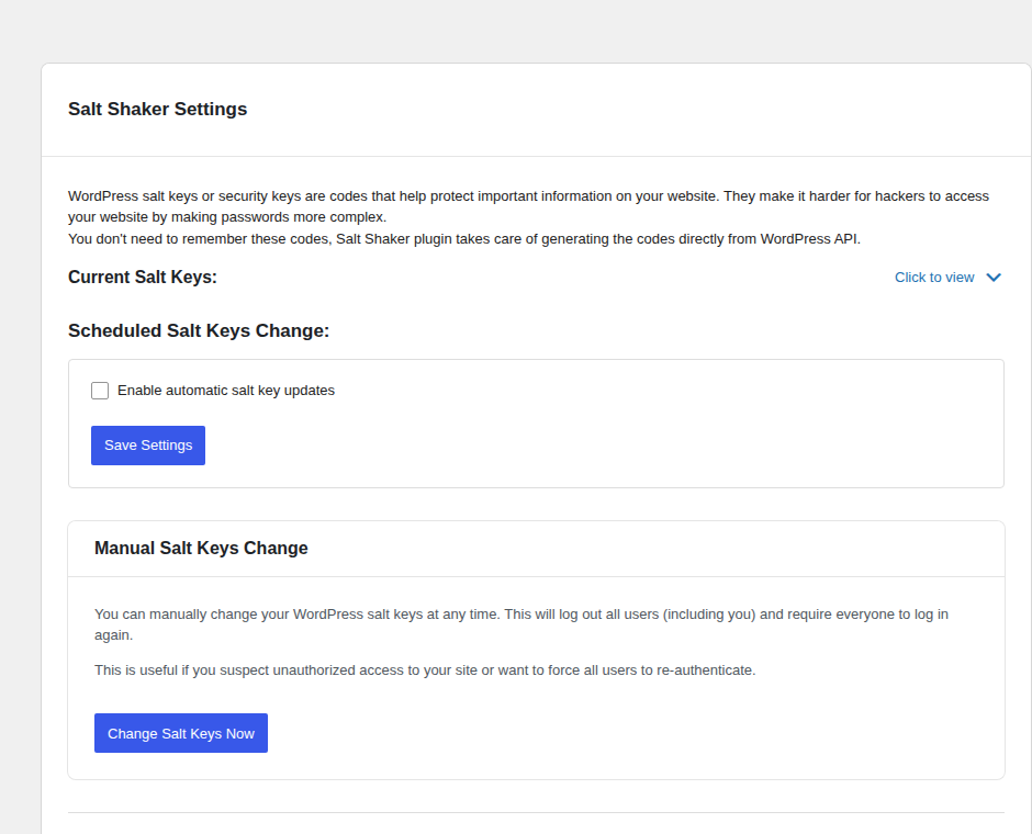 Salt Shaker settings page in WordPress admin