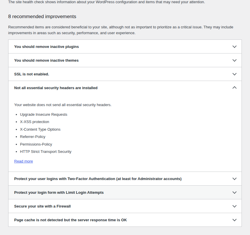 WordPress Site Health screen showing SSL and security checks