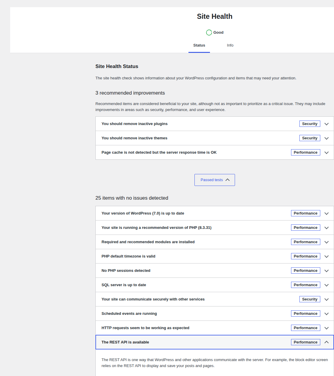 WordPress Site Health passed tests screen