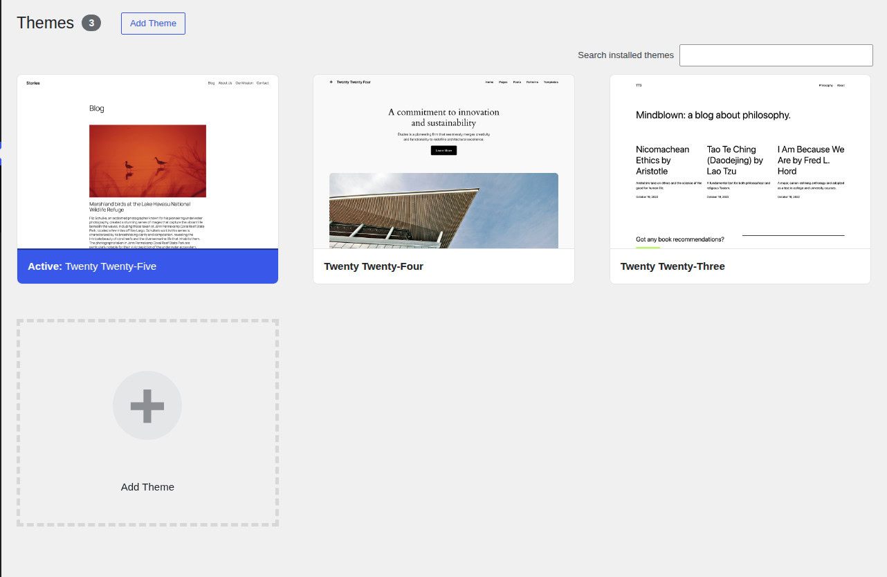 WordPress Themes screen for switching to a default theme