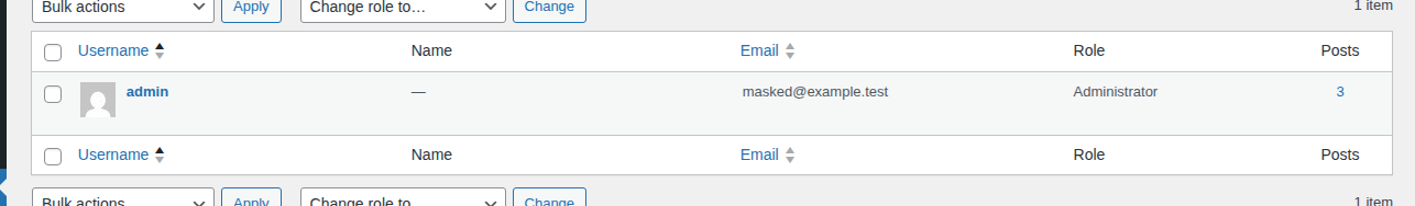 WordPress Users table for checking administrator accounts and roles