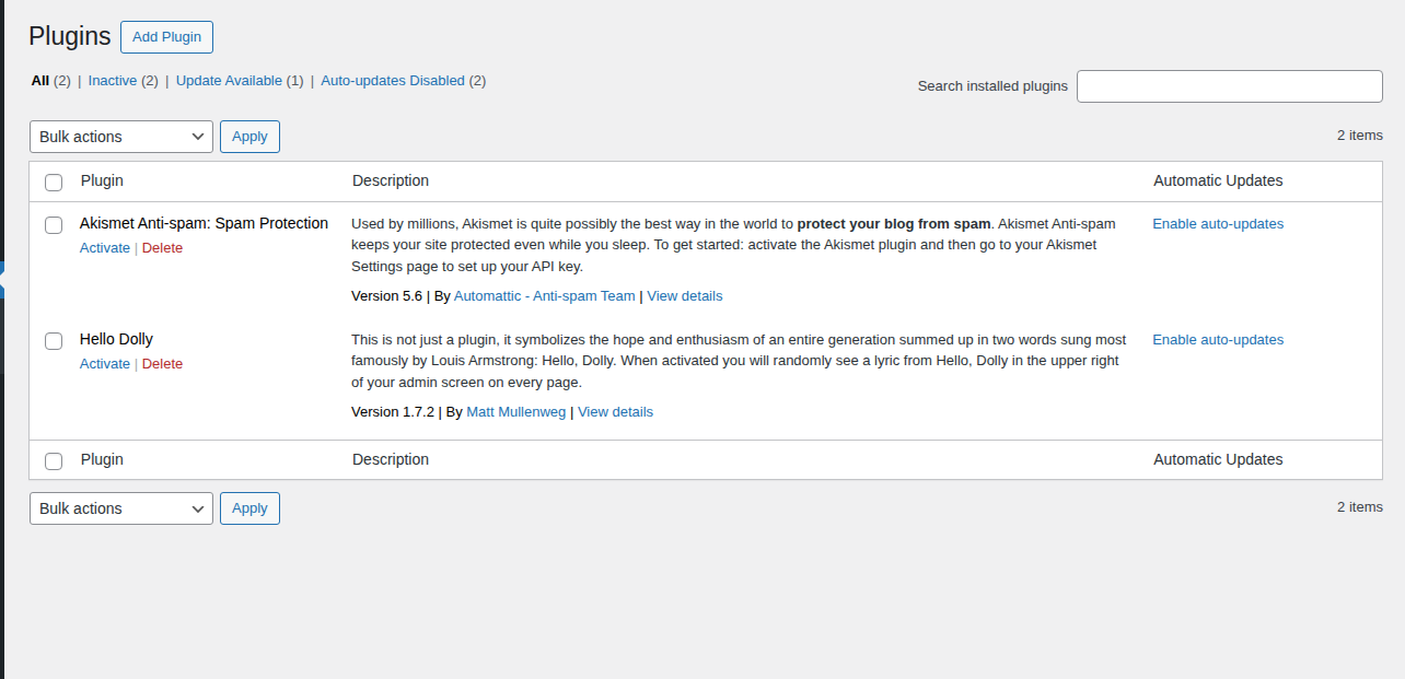 WordPress plugins screen showing where risky components are managed