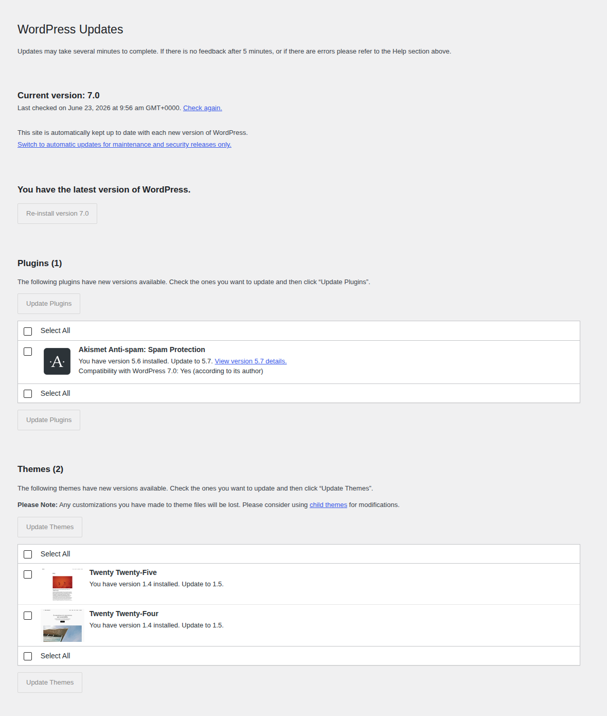 WordPress Updates page showing core plugin and theme readiness
