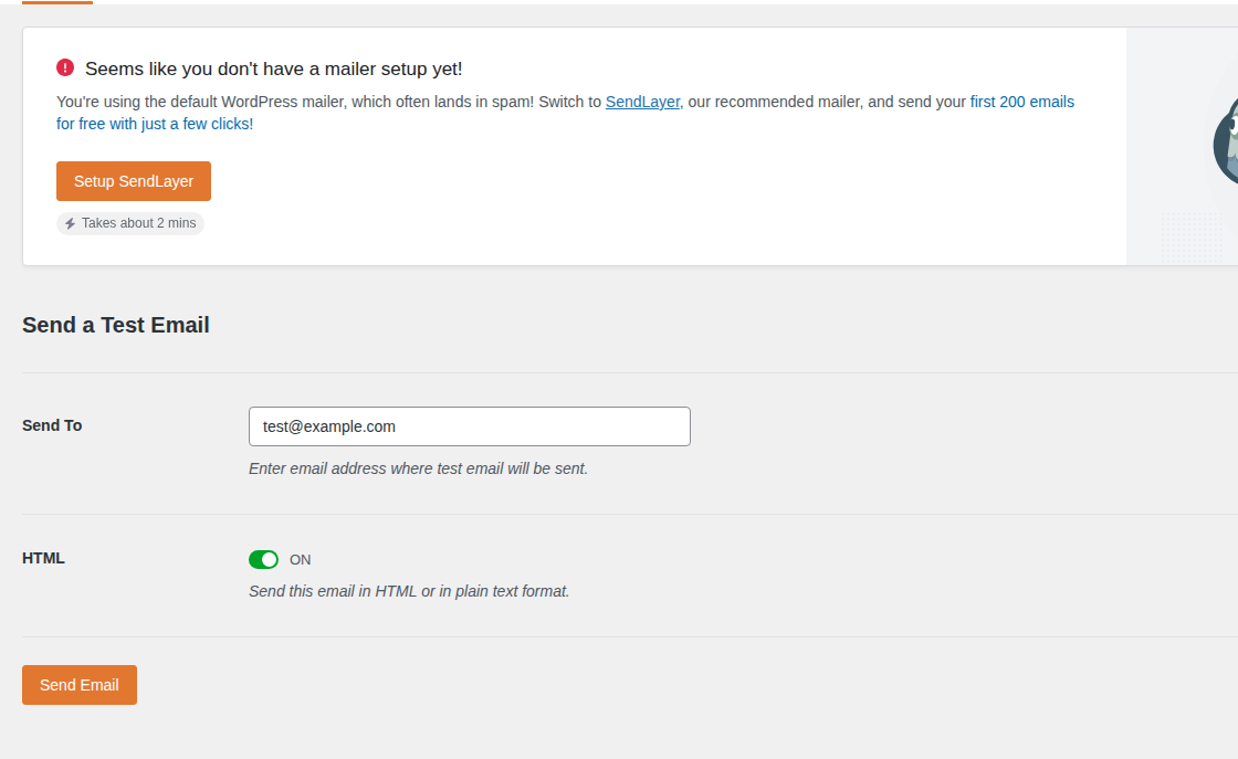 WP Mail SMTP email test screen in WordPress