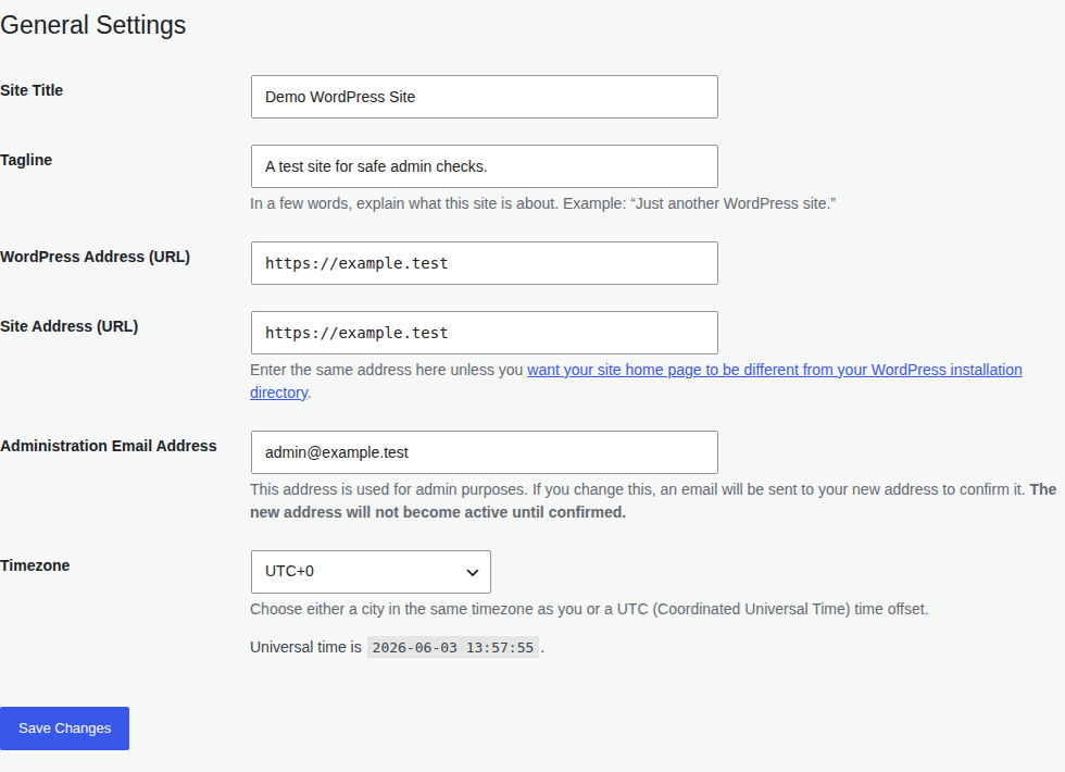 WordPress General Settings page for post-rotation testing