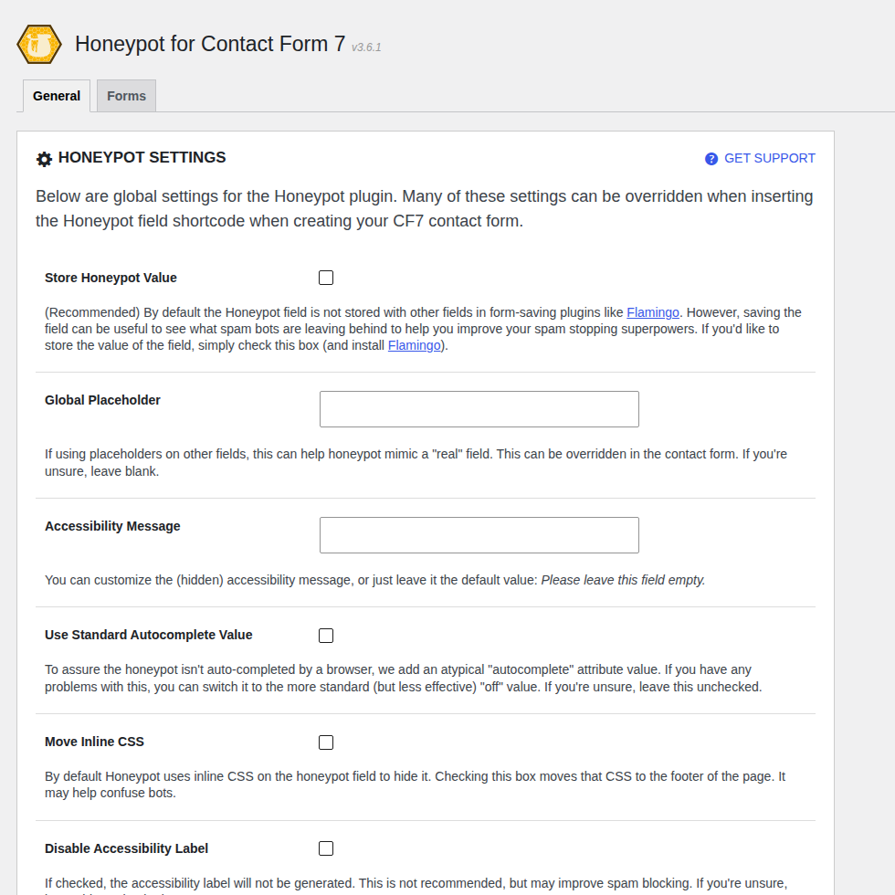 Honeypot for Contact Form 7 settings for hidden fields and timing checks