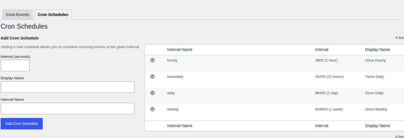 WP Crontrol schedules screen showing WordPress cron frequency options
