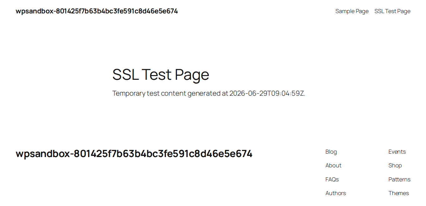 Published WordPress page loaded over HTTPS for frontend verification