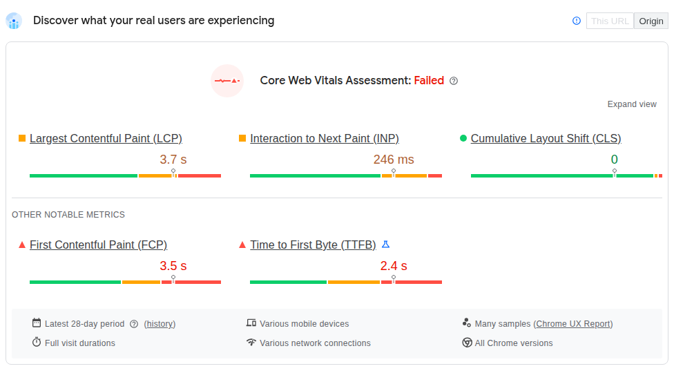 PageSpeed Insights Core Web Vitals field data for a public page
