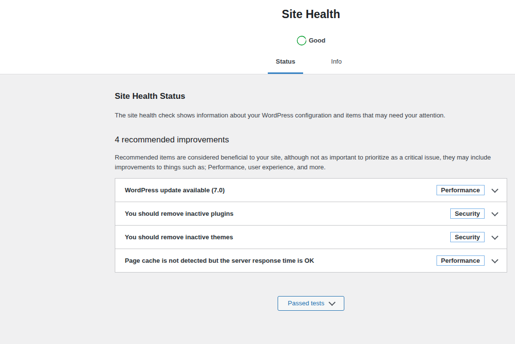 WordPress Site Health status screen for reviewing site configuration