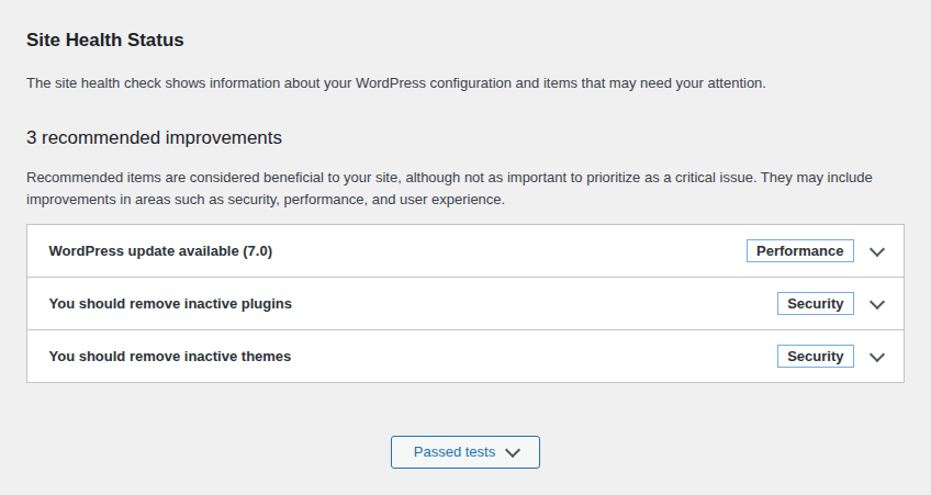 WordPress Site Health screen for checking broader site security posture