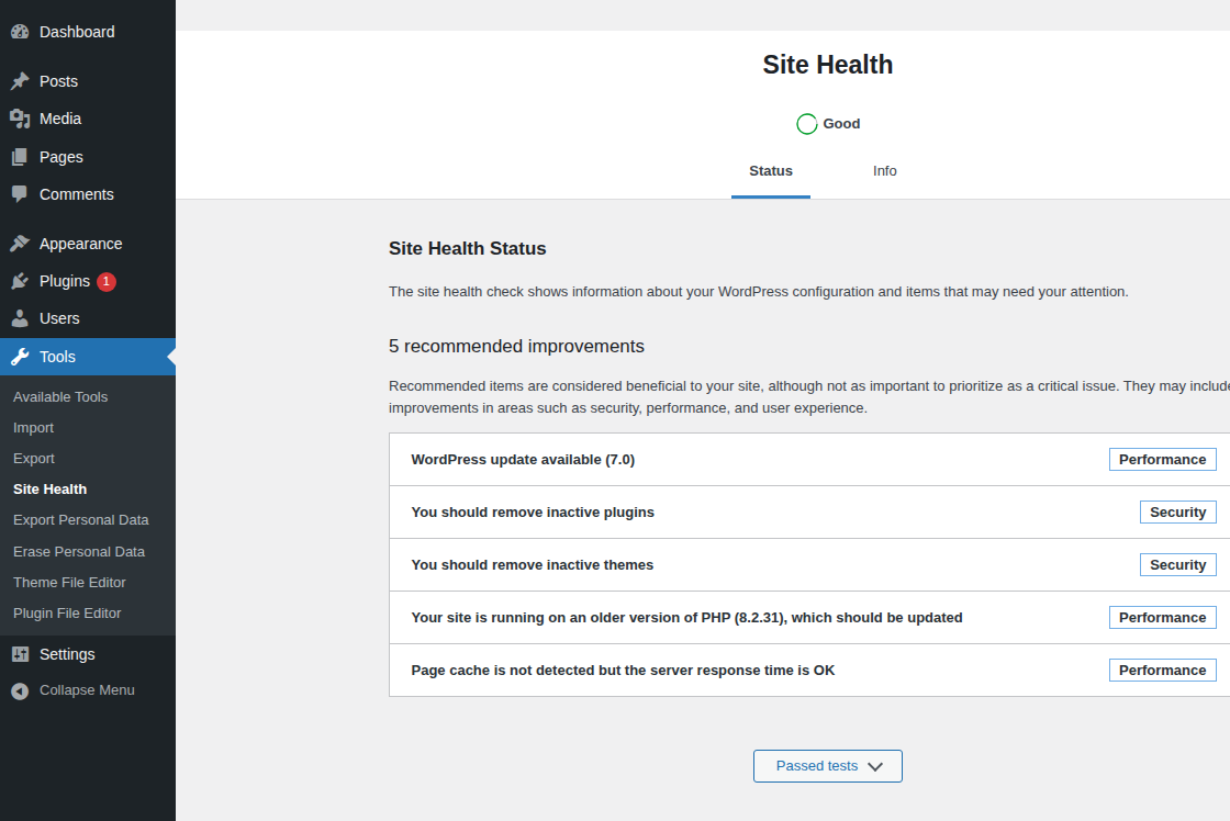 WordPress Site Health screen for reviewing site configuration signals