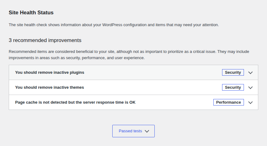 WordPress Site Health status screen with diagnostic checks