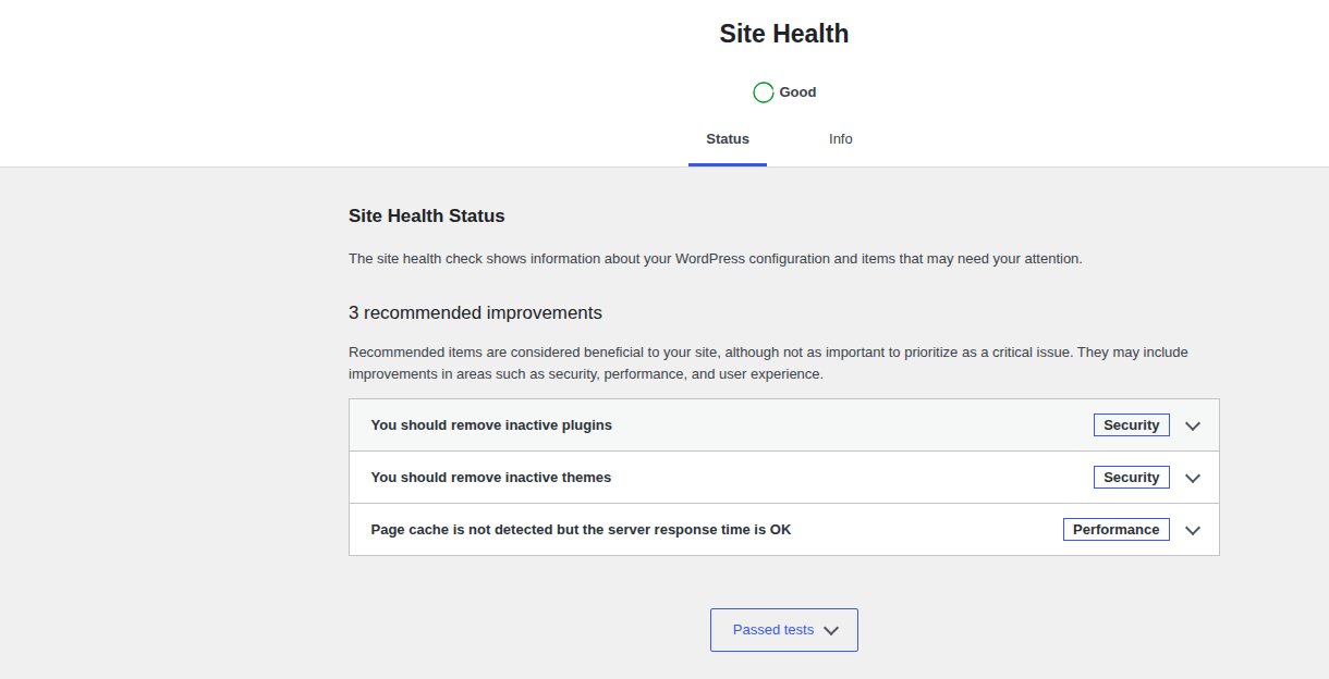 WordPress Site Health status checks