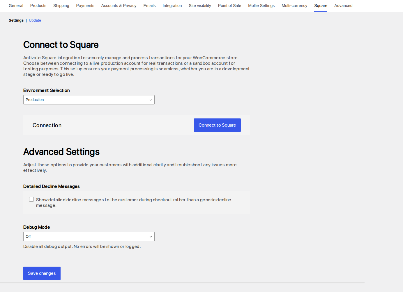 Square settings page for WooCommerce payments