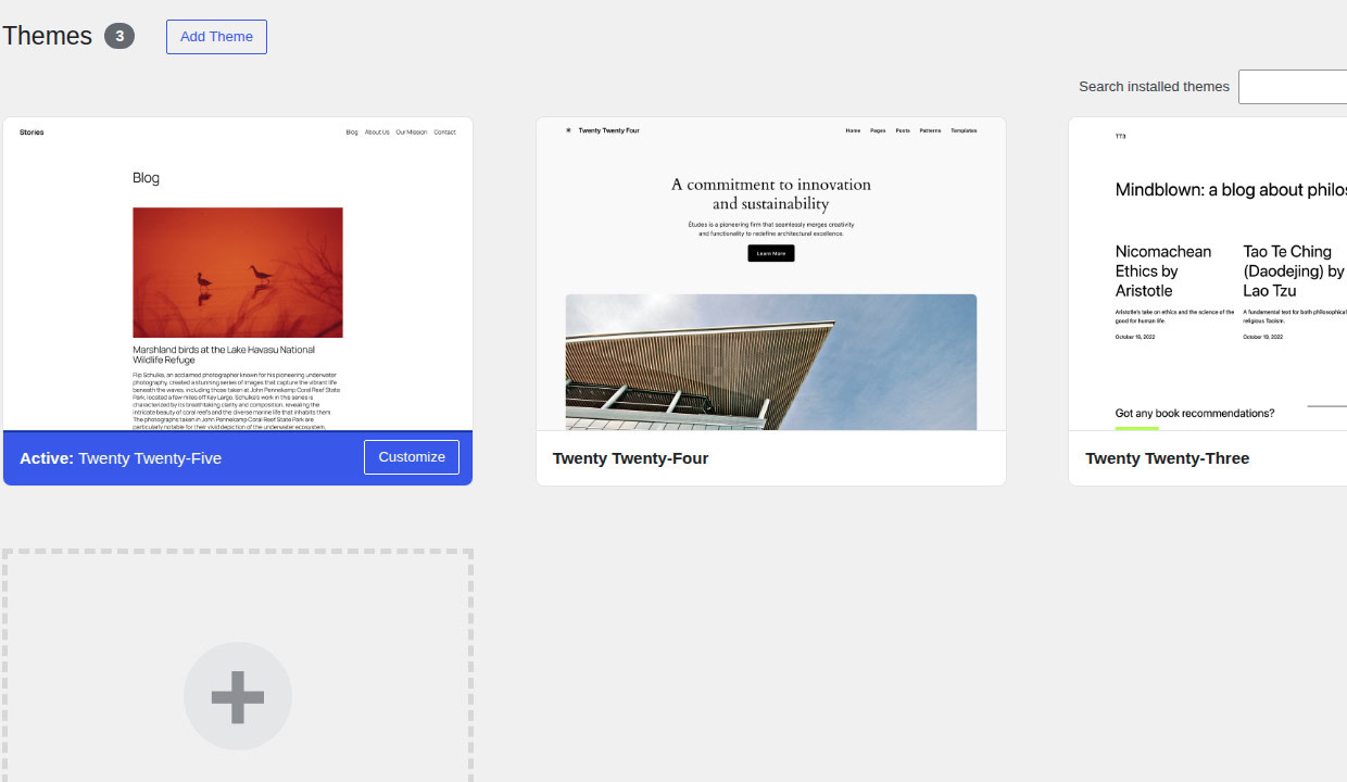 WordPress themes screen for switching to a default theme