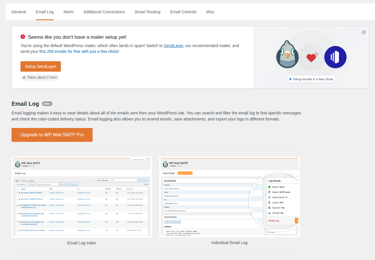 WP Mail SMTP email log settings screen