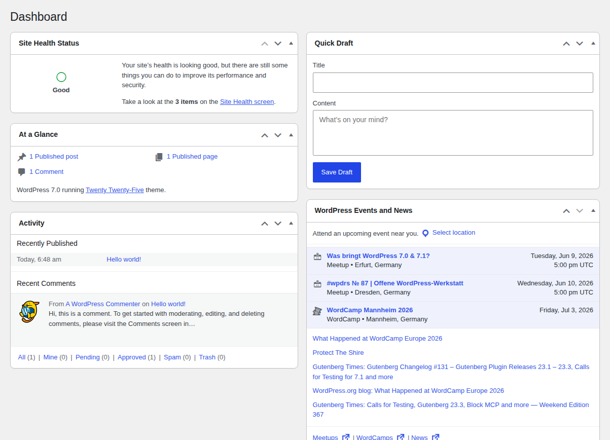 WordPress dashboard after admin access is restored