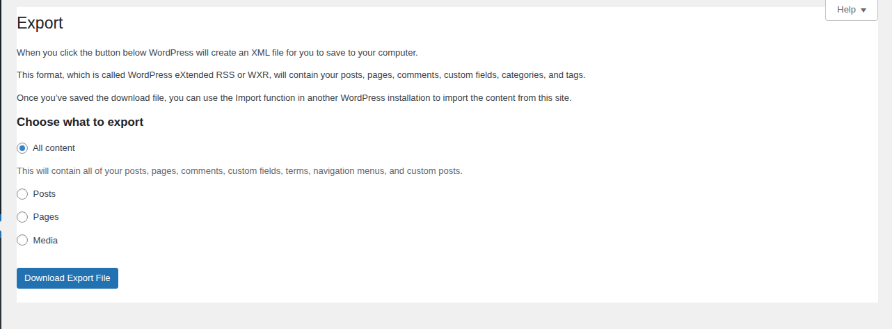 WordPress Export screen for preserving site content before urgent changes