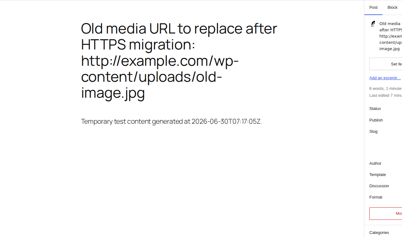 WordPress block editor showing an old HTTP media URL to replace during HTTPS cleanup