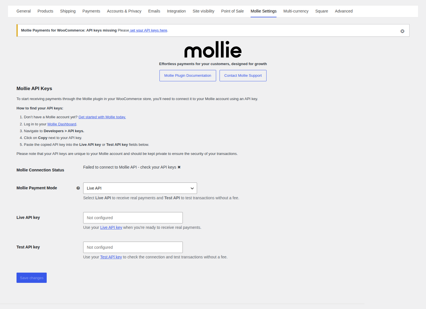 Mollie settings page in WooCommerce