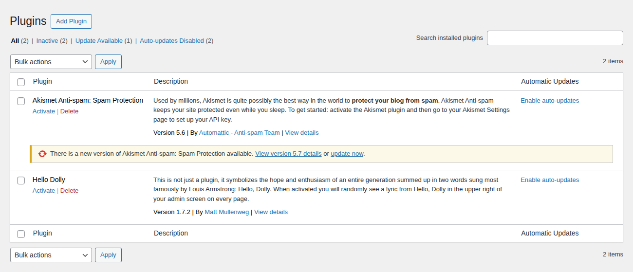 WordPress plugins table for reviewing installed plugin risk