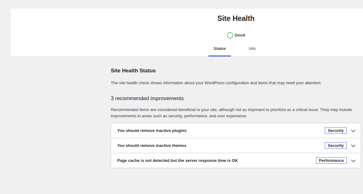 WordPress Site Health status screen used to collect server context before escalation