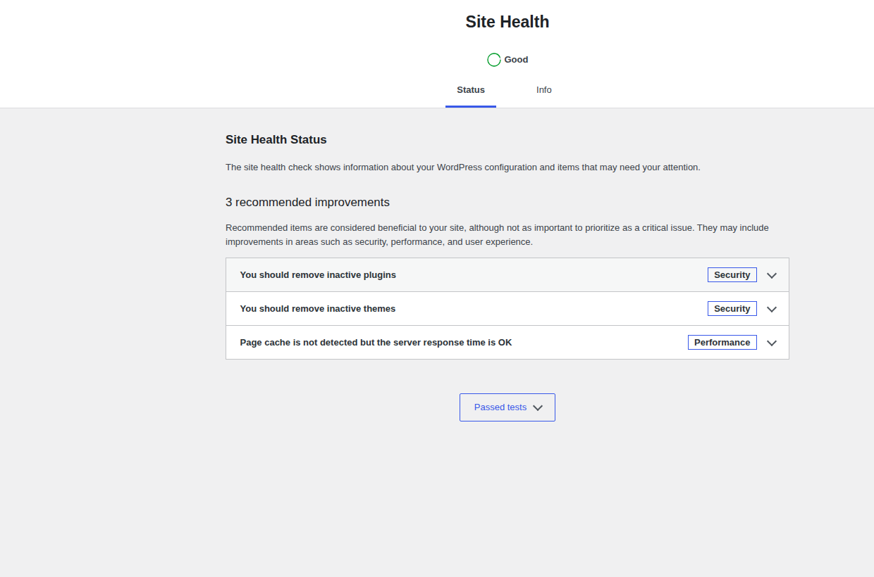 WordPress Site Health status panel