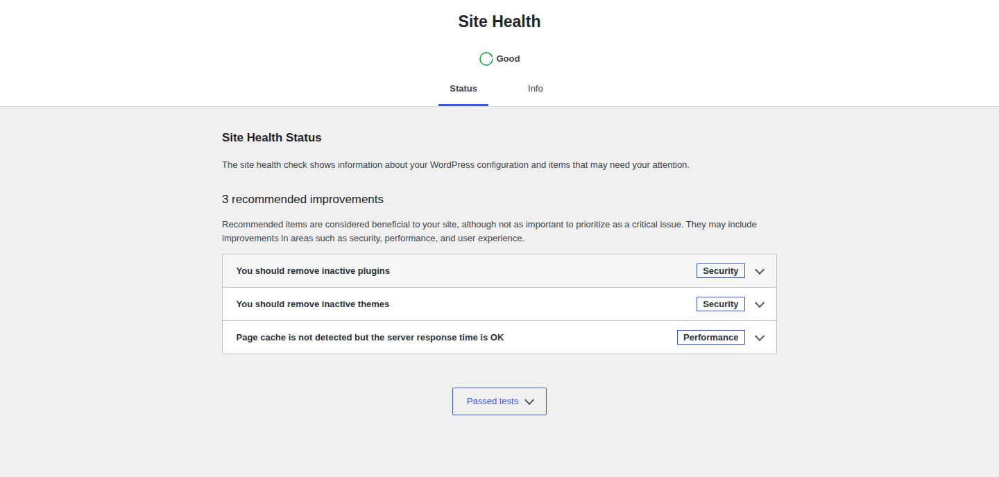 WordPress Site Health status screen