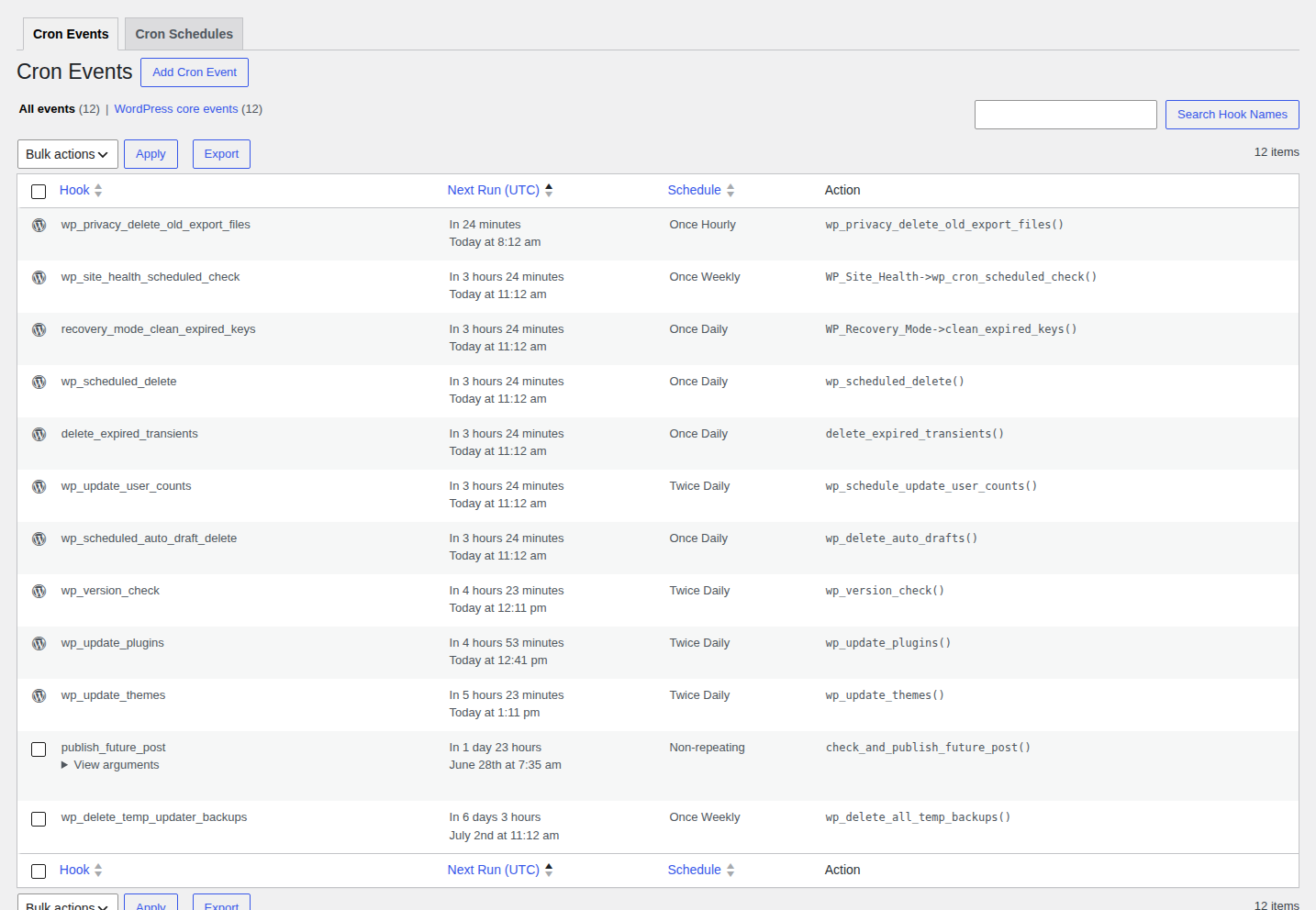 WP Crontrol cron events table showing publish future post hook
