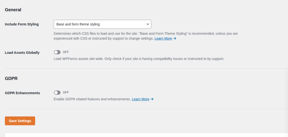 WPForms settings screen for checking builder-level controls