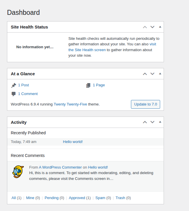 Clean WordPress dashboard used for post-recovery verification