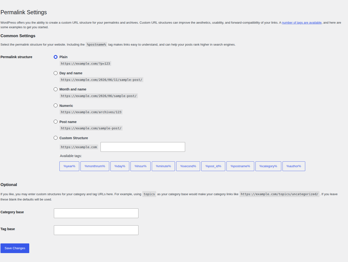 WordPress permalink settings page