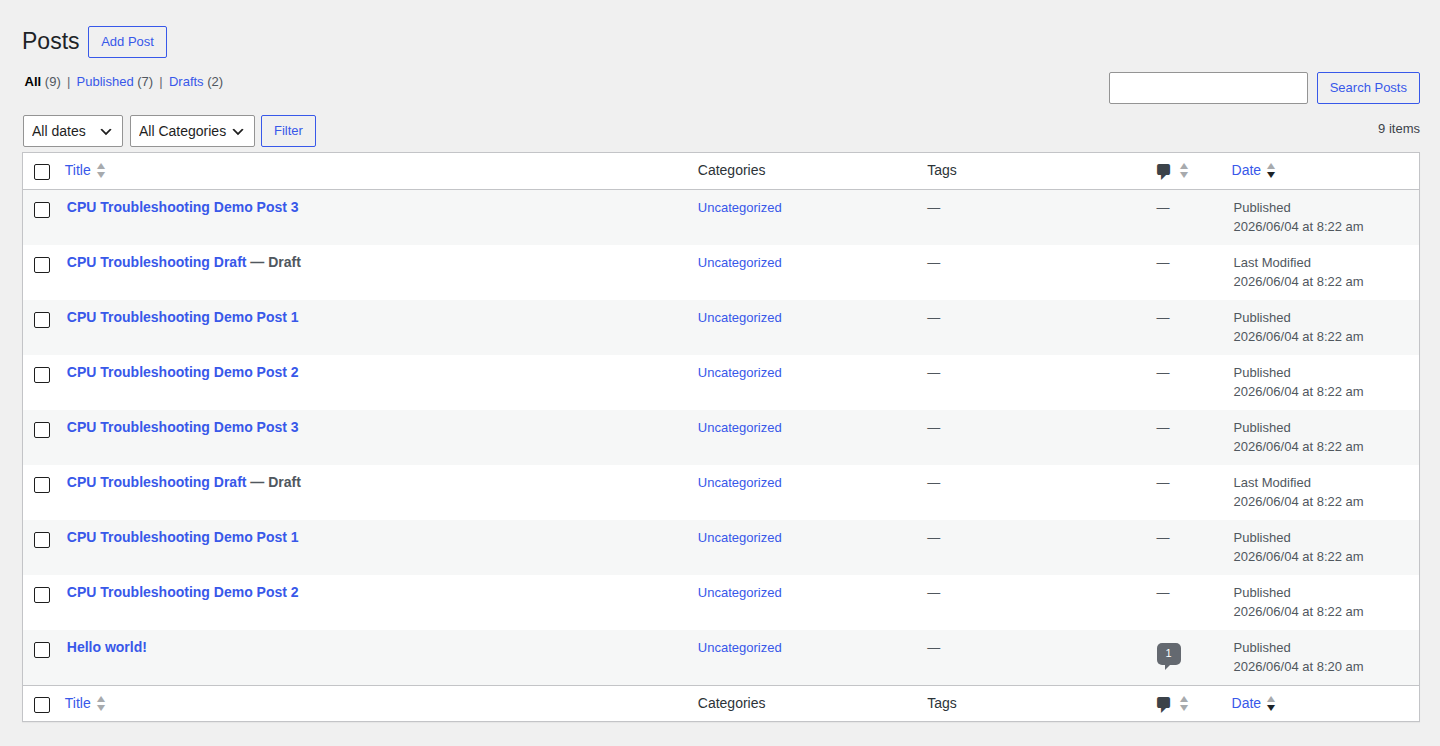 WordPress posts list used to review recent site changes during CPU troubleshooting