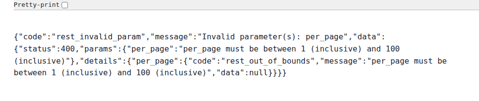 WordPress REST API response showing a real 400 invalid parameter error