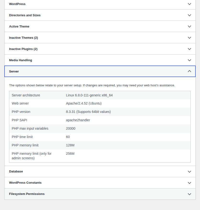 WordPress Site Health server information showing PHP details