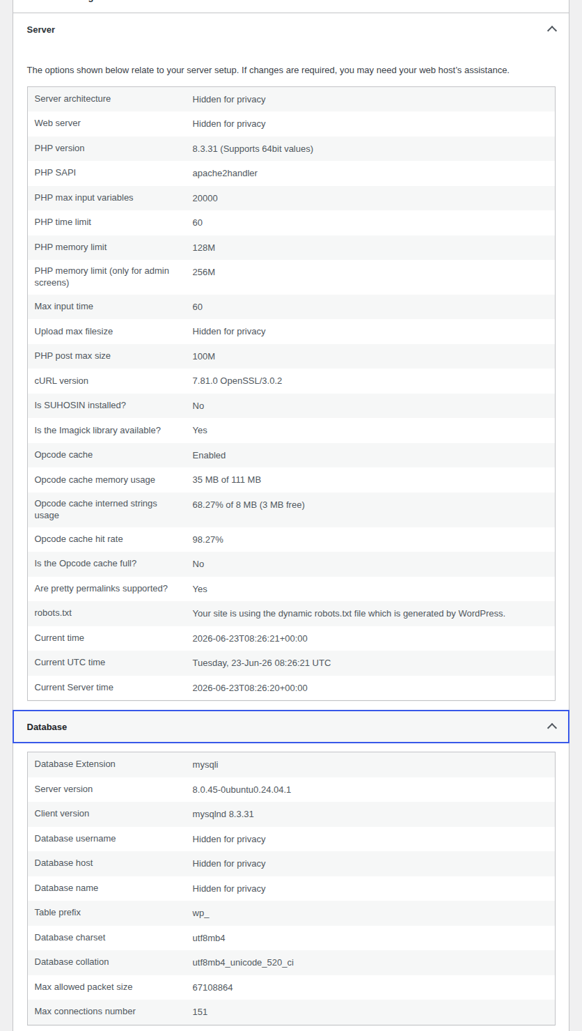 WordPress Site Health server information for PHP and database versions