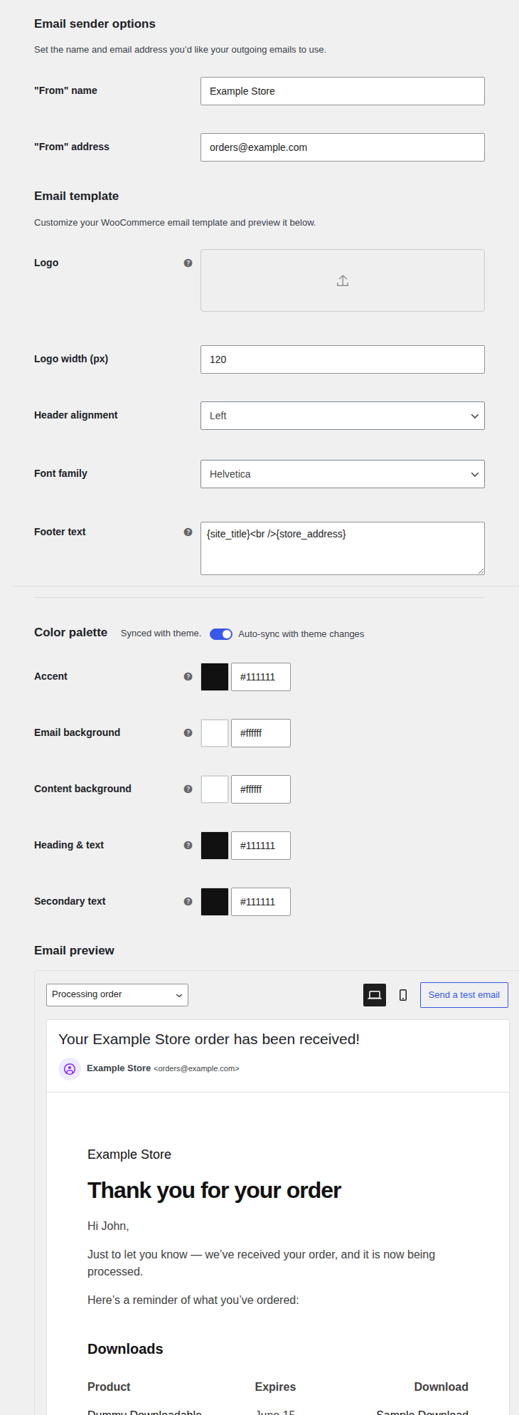 WooCommerce email sender options and template settings