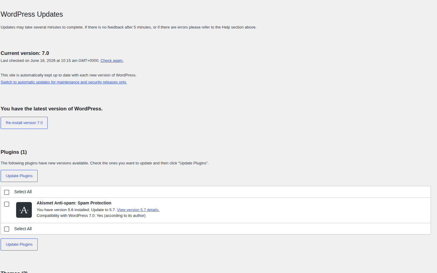 WordPress Updates screen connected to wp-content upgrade folder errors