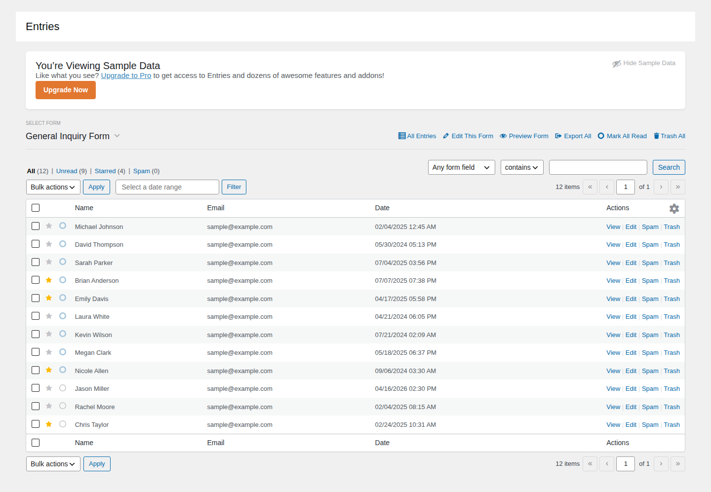 WPForms sample entries screen for reviewing stored form submissions