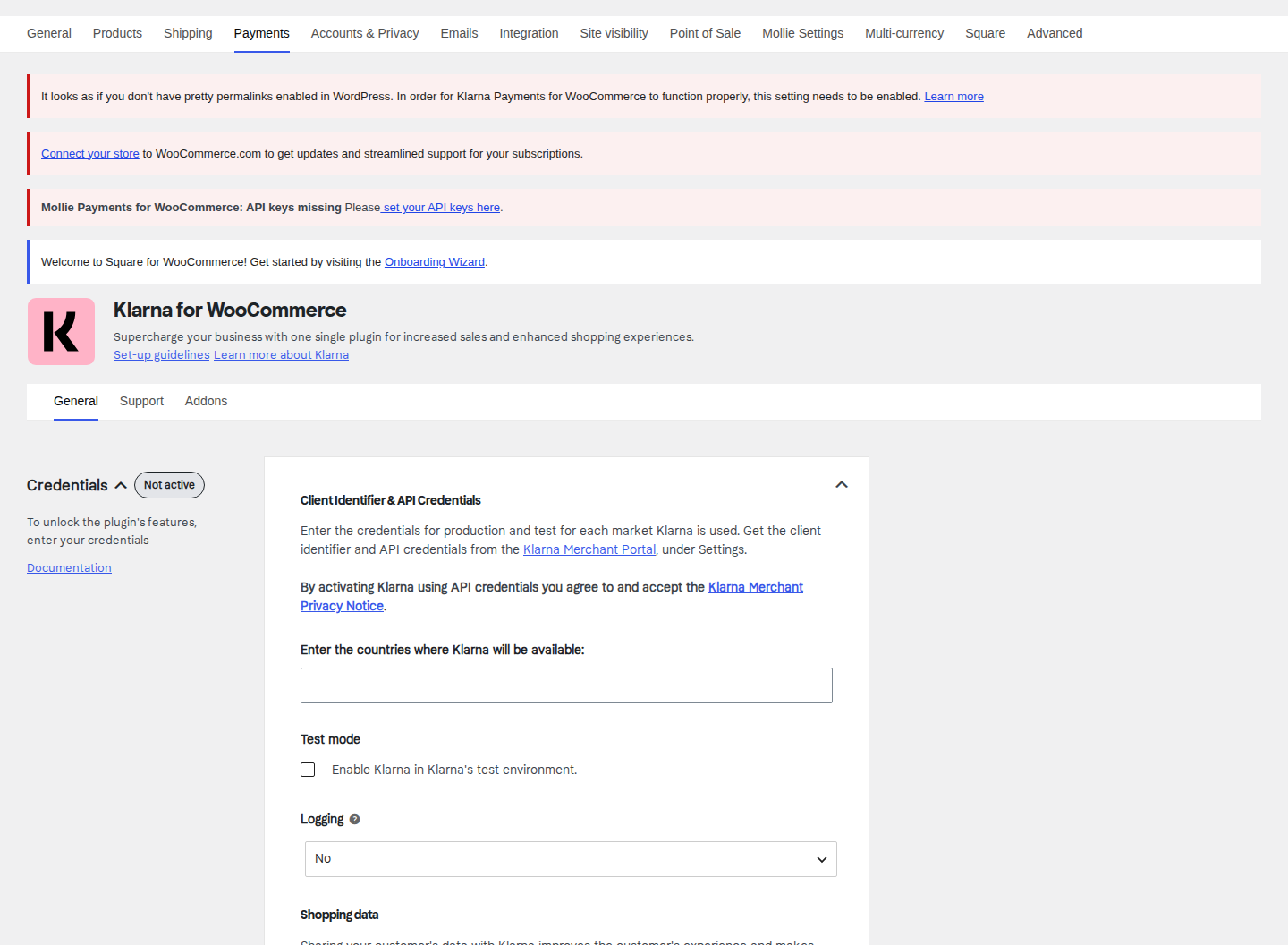 Klarna Payments settings page in WooCommerce