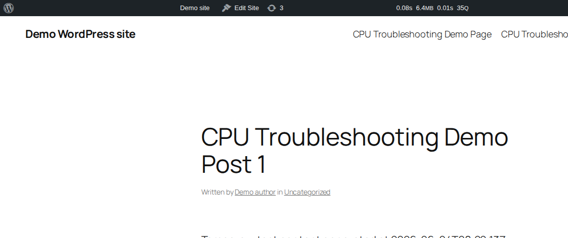 Frontend WordPress page with Query Monitor indicator in the admin bar