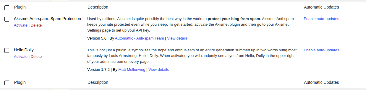 WordPress installed plugins table used to isolate a blocking plugin
