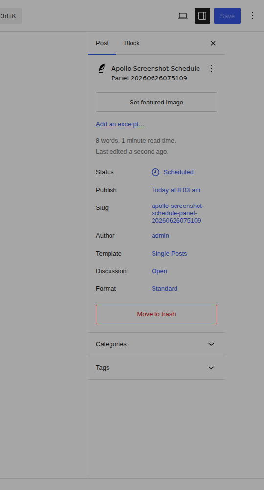 WordPress editor publish panel with scheduled post controls