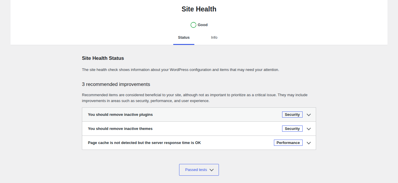 WordPress Site Health screen after recovery checks
