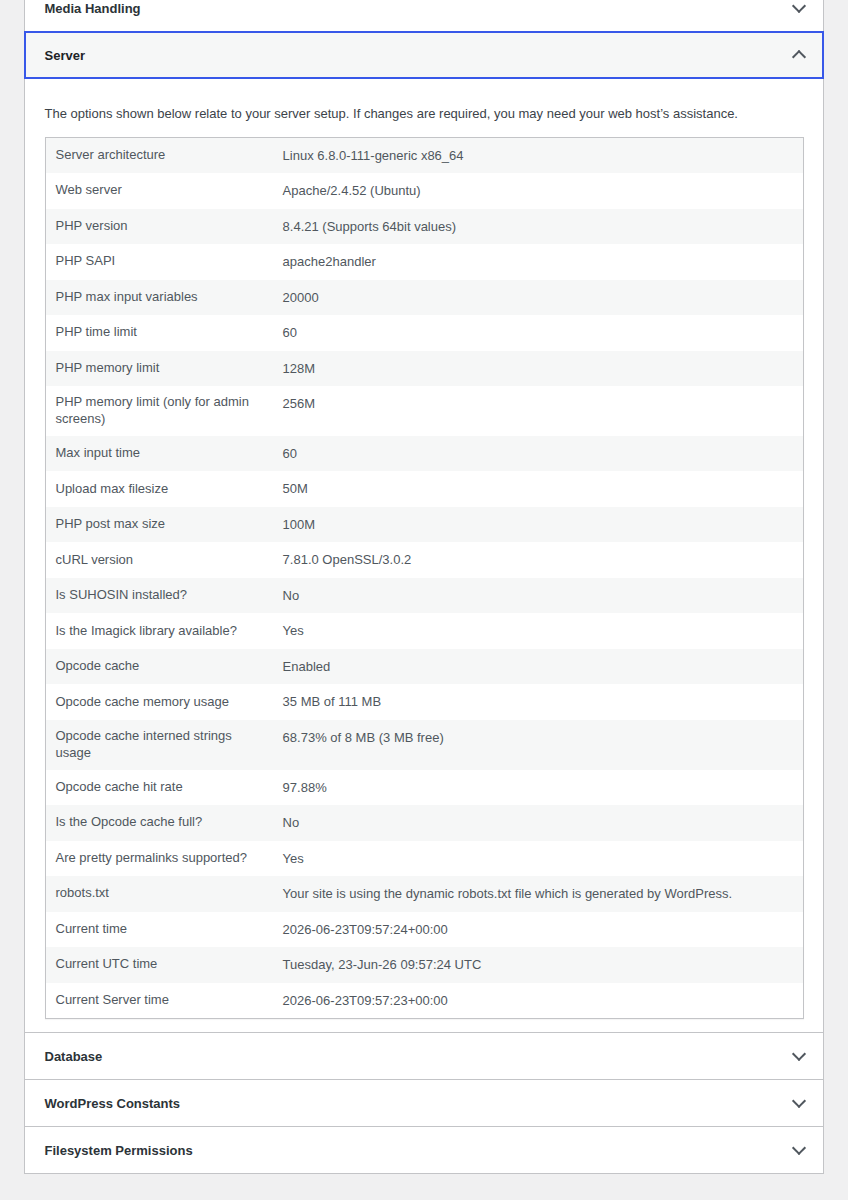 WordPress Site Health server section used to verify PHP after host change