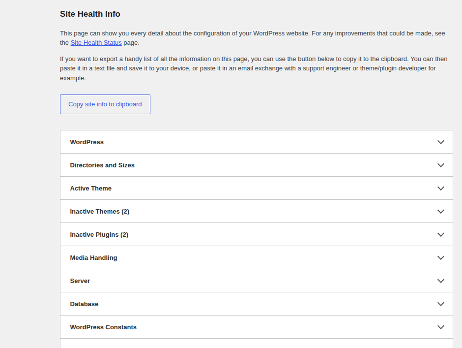 WordPress Site Health diagnostic sections for troubleshooting PHP update issues