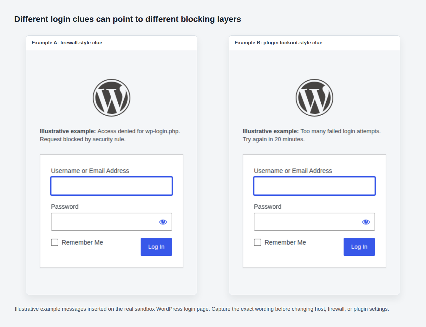 Comparison of login block clues from firewall and plugin-style messages