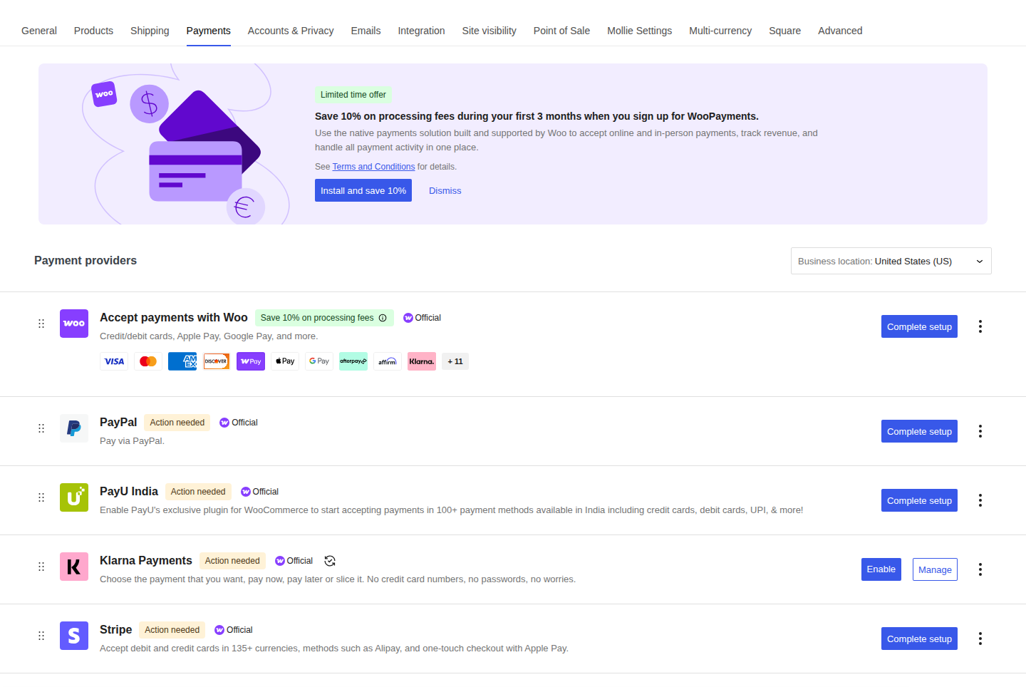 WooCommerce payment methods overview with multiple gateways installed