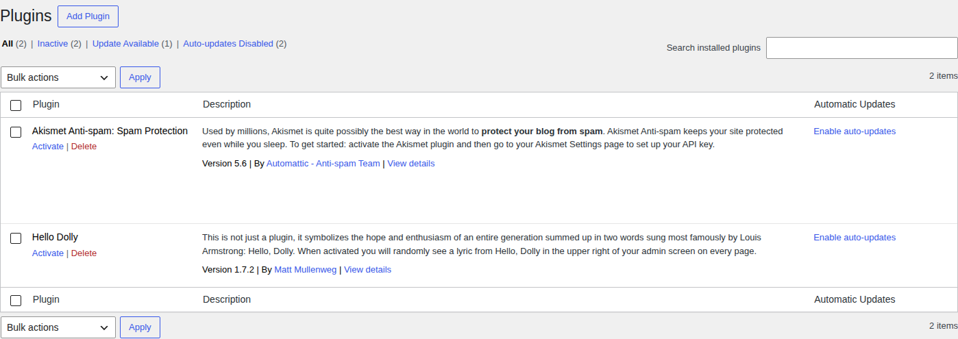 Plugins list used to inspect plugin items after a partial install